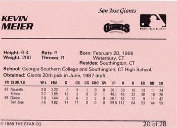 1989 Star San Jose Giants #20 Kevin Meier Back