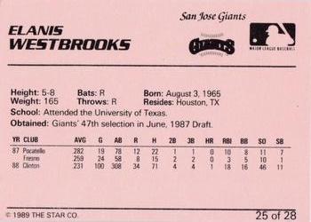1989 Star San Jose Giants #25 Elanis Westbrooks Back
