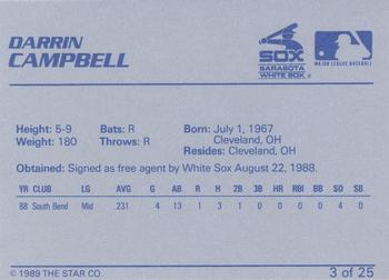 1989 Star Sarasota White Sox #3 Darrin Campbell Back