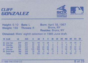1989 Star Sarasota White Sox #8 Cliff Gonzalez Back