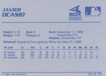 1989 Star Sarasota White Sox #16 Javier Ocasio Back