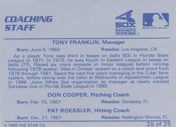 1989 Star Sarasota White Sox #25 Coaching Staff (Tony Franklin / Don Cooper / Pat Roessler) Back