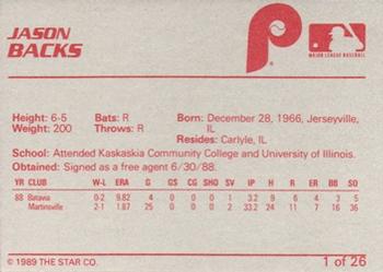 1989 Star Spartanburg Phillies #1 Jason Backs Back