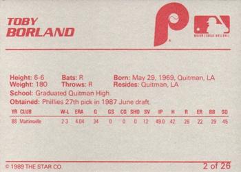 1989 Star Spartanburg Phillies #2 Toby Borland Back