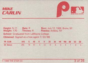 1989 Star Spartanburg Phillies #3 Mike Carlin Back
