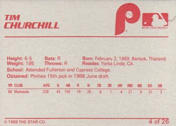 1989 Star Spartanburg Phillies #4 Tim Churchill Back