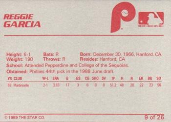 1989 Star Spartanburg Phillies #9 Reggie Garcia Back