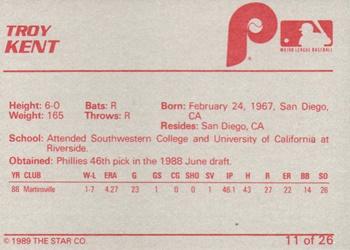 1989 Star Spartanburg Phillies #11 Troy Kent Back