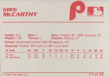 1989 Star Spartanburg Phillies #17 Greg McCarthy Back