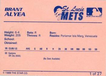 1989 Star St. Lucie Mets #1 Brant Alyea Jr. Back
