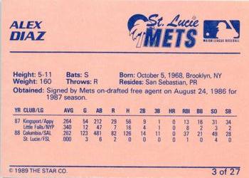 1989 Star St. Lucie Mets #3 Alex Diaz Back