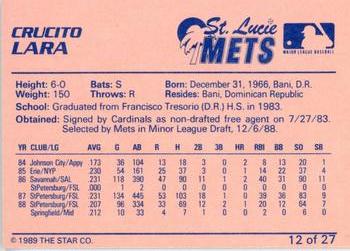 1989 Star St. Lucie Mets #12 Crucito Lara Back