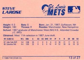 1989 Star St. Lucie Mets #13 Steve Larose Back