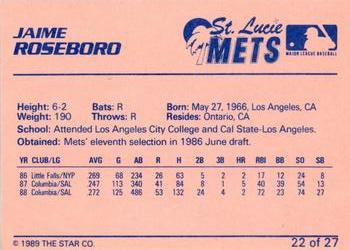 1989 Star St. Lucie Mets #22 Jaime Roseboro Back