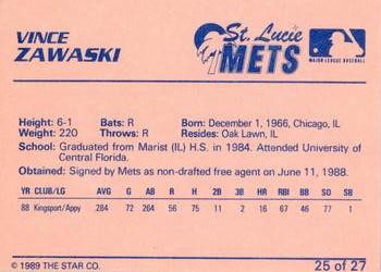 1989 Star St. Lucie Mets #25 Vince Zawaski Back