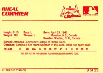 1989 Star St. Petersburg Cardinals #8 Rheal Cormier Back