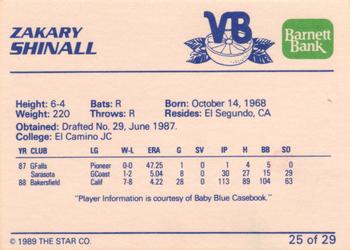 1989 Star Vero Beach Dodgers #25 Zakary Shinall Back