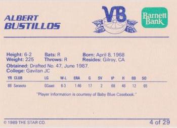 1989 Star Vero Beach Dodgers #4 Albert Bustillos Back