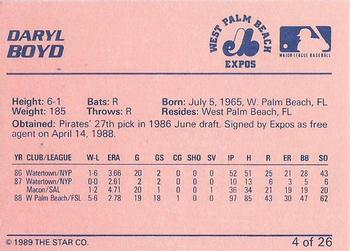 1989 Star West Palm Beach Expos #4 Daryl Boyd Back