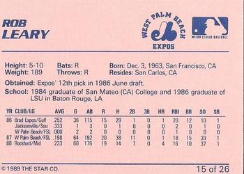 1989 Star West Palm Beach Expos #15 Rob Leary Back