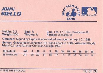 1989 Star West Palm Beach Expos #16 John Mello Back