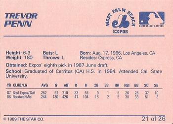 1989 Star West Palm Beach Expos #21 Trevor Penn Back