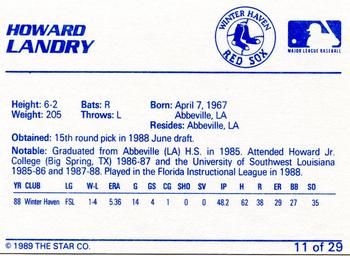 1989 Star Winter Haven Red Sox #11 Howard Landry Back