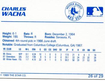 1989 Star Winter Haven Red Sox #26 Charles Wacha Back