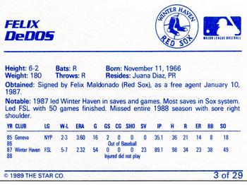 1989 Star Winter Haven Red Sox #3 Felix DeDos Back
