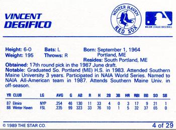 1989 Star Winter Haven Red Sox #4 Vincent Degifico Back