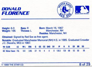 1989 Star Winter Haven Red Sox #8 Donald Florence Back