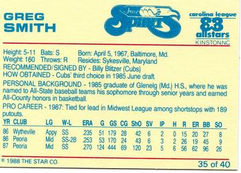 1988 Star Carolina League All-Stars #35 Greg Smith Back