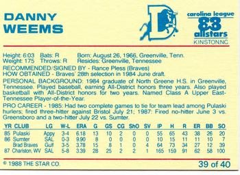 1988 Star Carolina League All-Stars #39 Danny Weems Back