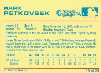 1988 Star Charlotte Rangers #19 Mark Petkovsek Back