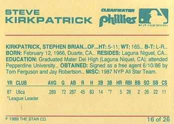 1988 Star Clearwater Phillies #16 Steve Kirkpatrick Back