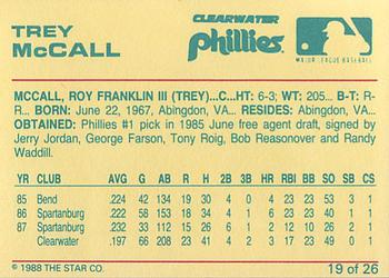1988 Star Clearwater Phillies #19 Trey McCall Back