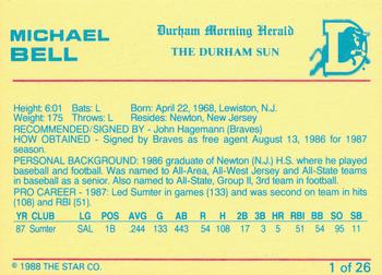 1988 Star Durham Bulls Orange Border #1 Michael Bell Back