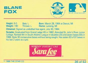 1988 Star Florida State League All-Stars #36 Blane Fox Back