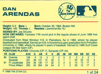 1988 Star Ft. Lauderdale Yankees #1 Dan Arendas Back