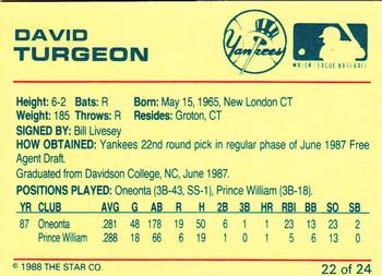 1988 Star Ft. Lauderdale Yankees #22 David Turgeon Back