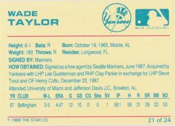 1988 Star Ft. Lauderdale Yankees #21 Wade Taylor Back