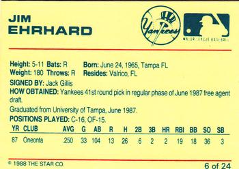 1988 Star Ft. Lauderdale Yankees #6 Jim Ehrhard Back