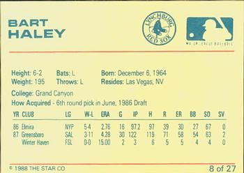 1988 Star Lynchburg Red Sox #8 Bart Haley Back