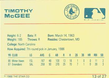 1988 Star Lynchburg Red Sox #13 Timothy McGee Back