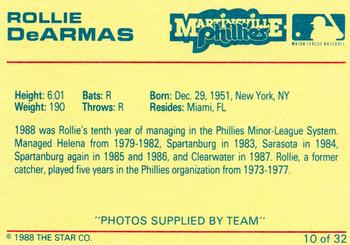1988 Star Martinsville Phillies Red #10 Rollie DeArmas Back