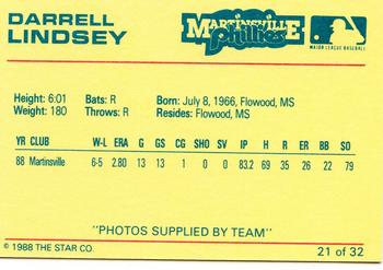 1988 Star Martinsville Phillies Red #21 Darrell Lindsey Back
