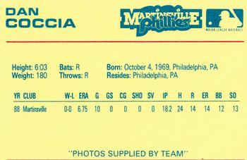 1988 Star Martinsville Phillies Red #7 Dan Coccia Back