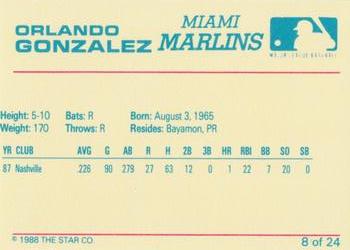 1988 Star Miami Marlins #8 Orlando Gonzalez Back