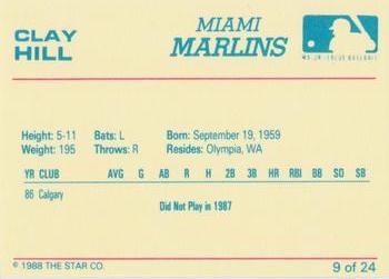 1988 Star Miami Marlins #9 Clay Hill Back