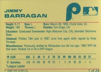 1988 Star Spartanburg Phillies #1 Jimmy Barragan Back